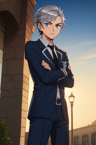 best quality, extremely detailed, masterpiece, manly, manful, cool pose, teenager, blue suit, school, school uniform, black tie, black trousers, silver hair, short_hair, blue eyes, protagonist (caligula)