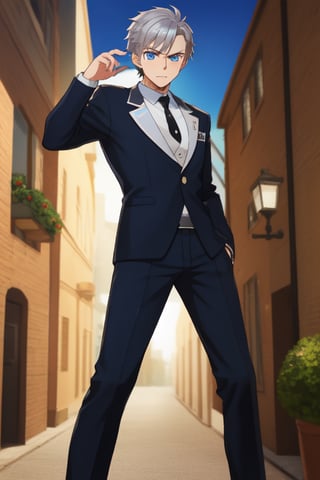 best quality, extremely detailed, masterpiece, manly, manful, cool pose, teenager, blue suit, school, school uniform, black tie, black trousers, silver hair, short_hair, blue eyes, protagonist (caligula)