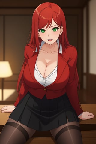 best quality, extremely detailed, masterpiece, female, adult, sexy_pose, cleavage, milf, long_hair, red_hair, green_eyes, red suit, white undershirt, black_skirt, black_stockings, Miyako Saitou