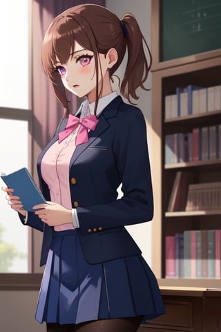 best quality, extremely detailed, masterpiece, female, medium_breasts, teenagers, school_girl, school_uniform, school, library, studying, blue skirt, black_pantyhose, pink suit, open clothes, brown hair, pink eyes, pony_tail