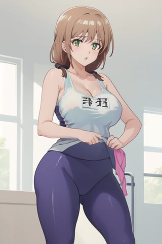 best quality, extremely detailed, masterpiece, 1_girl, mature, milf, mommy, mother, adult, medium boobs, cleavage, gym_clothes, leggings, green-eyes, brown-hair, pony_tail, ponytail, standing, white background, Shiori Katase, milfication
