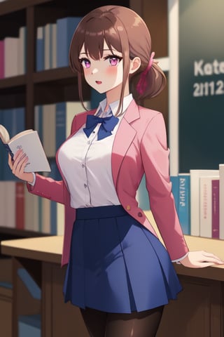 best quality, extremely detailed, masterpiece, female, medium_breasts, teenagers, school_girl, school_uniform, school, library, studying, blue skirt, pantyhose, pink suit, brown hair, pink eyes, pony_tail