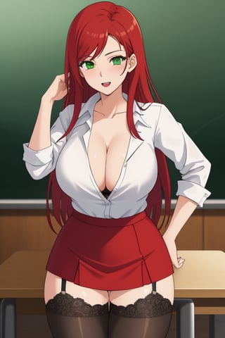 best quality, extremely detailed, masterpiece, female, adult, cleavage, milf, teacher, long_hair, red_hair, green_eyes, red_suit, white undershirt, black_skirt, stockings, lace stockings, Miyako Saitou