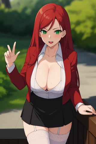 best quality, extremely detailed, masterpiece, female, adult, sexy_pose, cleavage, milf, long_hair, red_hair, green_eyes, red suit, white undershirt, black_skirt, black_stockings, lace_stockings, Miyako Saitou
