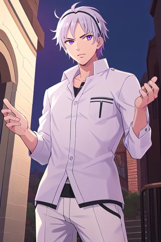 best quality, extremely detailed, masterpiece, manly, manful, cool pose, adult,white clothes, silver hair, short_hair, splitted hair, purple eyes, protagonist (caligula)