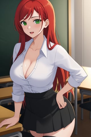 best quality, extremely detailed, masterpiece, female, adult, cleavage, milf, teacher, long_hair, red_hair, green_eyes, red_suit, white undershirt, black_skirt, black_stockings, Miyako Saitou