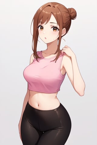 best quality, extremely detailed, masterpiece, 1_girl, underage, 16 years old, young, medium boobs, brown_hair, long_hair, longhair, straight_hair, brown_eyes, teen, teenage, medium thighs, leggings, pink top, crop top, character, white_background, innocent, standing, eye-level, cute, adorable, hair bun, hot