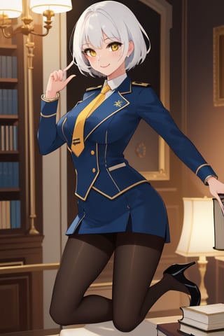 best quality, extremely detailed, masterpiece, females, medium boobs, elegant pose, adult, high_heels, blue skirt, blue suit, ship crew uniform, closed button, pantyhose, white hair, short_hair, yellow eyes, sexy custom, magic, magical book, yellow tie, smile, velvet room