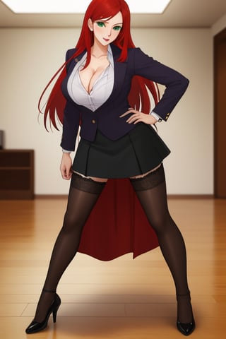 best quality, extremely detailed, masterpiece, female, adult, sexy_pose, cleavage, milf, long_hair, red_hair, green_eyes, red suit, white undershirt, black_skirt, black_stockings, lace_stockings, Miyako Saitou, full_body