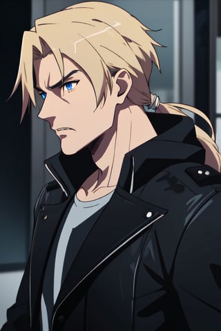 best quality, extremely detailed, masterpiece, man, male, adult, manly, manful, antagonist, villain, long_hair, blonde, blue eyes, scruff, black coat, leather coat, evil, sigma, deliquent