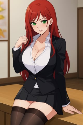 best quality, extremely detailed, masterpiece, female, adult, sexy_pose, cleavage, milf, long_hair, red_hair, green_eyes, red suit, white undershirt, black_skirt, black_stockings, Miyako Saitou