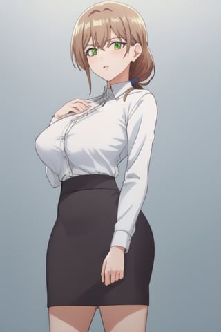 best quality, extremely detailed, masterpiece, 1_girl, mature, milf, mommy, mother, adult, medium boobs, black stockings, short_skirt, mini_skirt, undershirt, secretary, elegant, green-eyes, brown-hair, pony_tail, ponytail, standing, white background, Shiori Katase, milfication