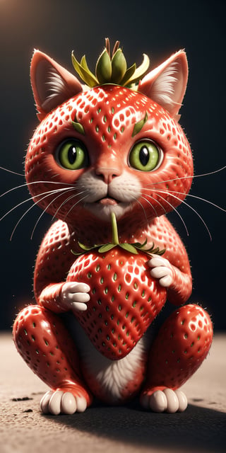 Render a stunning close-up of a strawberry meticulously crafted to resemble a cat, sitting peacefully amidst natural light. The Unreal Engine masterpiece boasts unparalleled quality, featuring a high-resolution 64k image with intricate details. Soft, gentle lighting illuminates the subject's fur-like texture and whisker-like stems, creating an uncanny resemblance to a feline friend. Capture every nuance in this 3D-style illustration, showcasing realistic design elements and perfect details.