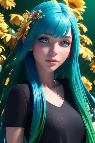 ((1girl)), (3d rendering), (3d girl), ((solo)), Half body, details, (Long straight hairs), (blue-green hair:0.8), nice eyes, (detailed beautiful eyes), (detailed face), (extremely detailed CG, ultra-detailed, best shadow), ((depth of field)), (loses black shirt), (flowers and petals:1.12),