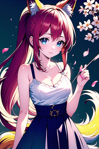 1girl, solo, long hair, breasts, looking at viewer, bangs, blue eyes, skirt, medium breasts, shirt, hair ornament, holding, animal ears, cleavage, bare shoulders, very long hair, closed mouth, standing, tail, white shirt, ponytail, pink hair, flower, cowboy shot, sleeveless, belt, black skirt, bra, lips, animal ear fluff, bare arms, petals, fox ears, cherry blossoms, pink nails, high-waist skirt, holding hair, toned,Girls