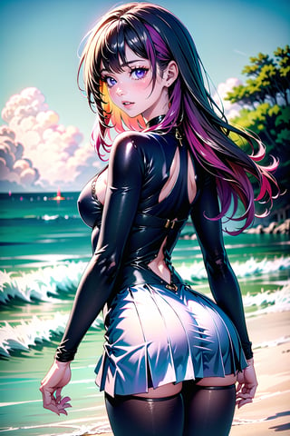 Cozy beachside scene: Pink-haired girl with long, curly locks and medium breasts stands in a pleated skirt, her detached sleeves shining in the cloud-filtered day. Her purple eyes sparkle as she looks back, parted lips pursed in a subtle blush. Black thighhighs peek from beneath her mini skirt, while shiny hair cascades down her back. The ocean waves gently crash against the shore, meeting the horizon where the sky and water blend into a serene blue-gray hue.