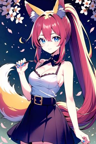 1girl, solo, long hair, breasts, looking at viewer, bangs, blue eyes, skirt, medium breasts, shirt, hair ornament, holding, animal ears, cleavage, bare shoulders, very long hair, closed mouth, standing, tail, white shirt, ponytail, pink hair, flower, cowboy shot, sleeveless, belt, black skirt, bra, lips, animal ear fluff, bare arms, petals, fox ears, cherry blossoms, pink nails, high-waist skirt, holding hair, toned,