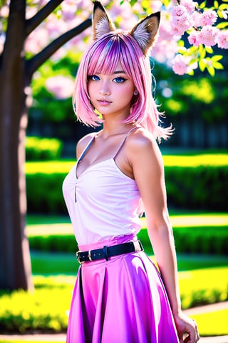 1girl, solo, long hair, breasts, looking at viewer, bangs, blue eyes, skirt, medium breasts, shirt, hair ornament, holding, animal ears, cleavage, bare shoulders, very long hair, closed mouth, standing, tail, white shirt, ponytail, pink hair, flower, cowboy shot, sleeveless, belt, black skirt, bra, lips, animal ear fluff, bare arms, petals, fox ears, cherry blossoms, pink nails, high-waist skirt, holding hair, toned,