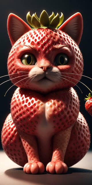 Render a stunning close-up of a strawberry meticulously crafted to resemble a cat, sitting peacefully amidst natural light. The Unreal Engine masterpiece boasts unparalleled quality, featuring a high-resolution 64k image with intricate details. Soft, gentle lighting illuminates the subject's fur-like texture and whisker-like stems, creating an uncanny resemblance to a feline friend. Capture every nuance in this 3D-style illustration, showcasing realistic design elements and perfect details.