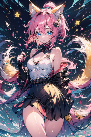 1girl, solo, long hair, breasts, looking at viewer, bangs, blue eyes, skirt, medium breasts, shirt, hair ornament, holding, animal ears, cleavage, bare shoulders, very long hair, closed mouth, standing, tail, white shirt, ponytail, pink hair, flower, cowboy shot, sleeveless, belt, black skirt, bra, lips, animal ear fluff, bare arms, petals, fox ears, cherry blossoms, pink nails, high-waist skirt, holding hair, toned,