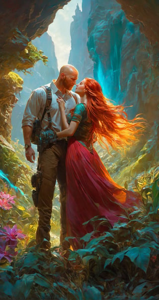 ((cinematic light)), hyper detail, dramatic light, intricate details, A [couple] [bald man] and [redhair woman] escaping the oppressive darkness of a dystopian world, emerging into a vibrant valley of life and beauty,(extremely colorful:1.3), (psychedelic:1.2), (realistic), (Bioluminescence:1.3), highly detailed, hyper realistic, by Daniel Gerhartz, perfect artwork, masterpiece, best quality, highres, layered lighting,Detailedface, Detailedeyes, Scenes of chaos,greg rutkowski