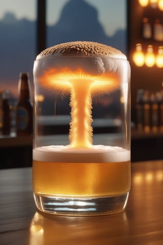 A super realistic 4K rendering of a very tiny ultra-realistic hydrogen bomb explosion inside a glass of beer, bar counter, glowing mushroom cloud, shock wave emanating, visible shock wave, golden hour, parrticles, photo-realistic, hyper-detailed, hyper-realism, 3D render, director's cut, 512,000k