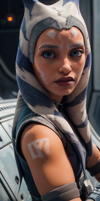 photorealistic stunningly beautiful dynamic [close-up shot], action pose, 1girl, solo, (blue eyes), ((colored orange skin)), arm tattoos, ahsokatano, extremely detailed eyes, realistic eyeballs, detailed symmetric realistic face, symmetric eyeballs, small eyeballs, natural orange skin texture, extremely detailed orange skin, with skin pores, peach fuzz, small freckles, small lips, delicate face, wearing armor, tight shorts, boots, gloves, (lightsaber), (spaceship neon background), masterpiece, absurdres, award winning photo by Helmut Newton, extremely detailed, amazing, fine detail, rich colors, hyper realistic lifelike texture, natural shadow, unreal engine, trending on artstation, photo realistic, RAW photo, high quality, highres, sharp focus, cinematic lighting, 8k, clean composition, strong details, beautiful colors, style raw