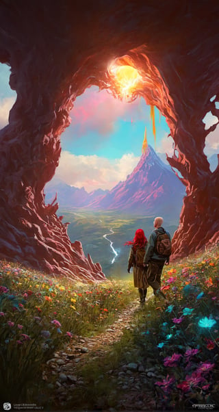 ((cinematic light)), hyper detail, dramatic light, intricate details, A [couple] [bald man] and [redhair woman] escaping the oppressive darkness of a dystopian world, emerging into a vibrant valley of life and beauty,(extremely colorful:1.3), (psychedelic:1.2), (realistic), (Bioluminescence:1.3), highly detailed, hyper realistic, by Daniel Gerhartz, perfect artwork, masterpiece, best quality, highres, layered lighting,Detailedface, Detailedeyes, Scenes of chaos,greg rutkowski