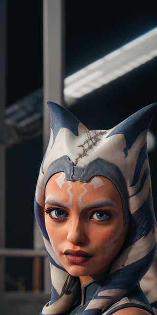photorealistic stunningly beautiful dynamic [close-up shot], action pose, 1girl, solo, (blue eyes), ((colored orange skin)), arm tattoos, ahsokatano, extremely detailed eyes, realistic eyeballs, detailed symmetric realistic face, symmetric eyeballs, small eyeballs, natural orange skin texture, extremely detailed orange skin, with skin pores, peach fuzz, small freckles, small lips, delicate face, wearing armor, tight shorts, boots, gloves, (lightsaber), (spaceship neon background), masterpiece, absurdres, award winning photo by Steven Meisel, extremely detailed, amazing, fine detail, rich colors, hyper realistic lifelike texture, natural shadow, unreal engine, trending on artstation, photo realistic, RAW photo, high quality, highres, sharp focus, cinematic lighting, 8k, clean composition, strong details, beautiful colors, style raw
