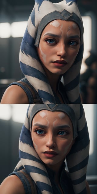 photorealistic stunningly beautiful standing [medium shot], 1girl, solo, (((Monica Belluci))), (blue eyes), ((orange skin)), colored skin, (holding lightsaber), dynamic pose, ahsokatano, extremely detailed eyes, realistic eyeballs, detailed symmetric realistic face, symetric eyeballs, small eyeballs, natural skin texture, extremely detailed skin, with skin pores, peach fuzz, small freckels, masterpiece, absurdres, award winning photo by lee jeffries, nikon d850 film stock photograph, kodak portra 400 camera f1.6 lens, extremely detailed, amazing, fine detail, rich colors, hyper realistic lifelike texture, dramatic lighting, natural shadow, unrealengine, trending on artstation, cinestill 800 tungsten, photo realistic, RAW photo, TanvirTamim, high quality, highres, sharp focus, extremely small chest, cinematic lighting, 8k uhd, editorial light, clean composition, strong details, Muted Colors, Hasselblad --style raw