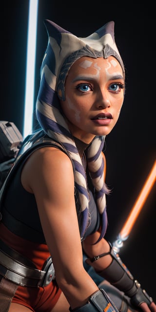 photorealistic stunningly beautiful dynamic [close-up shot], action pose, 1girl, solo, (blue eyes), ((colored orange skin)), arm tattoos, ahsokatano, extremely detailed eyes, realistic eyeballs, detailed symmetric realistic face, symmetric eyeballs, small eyeballs, natural orange skin texture, extremely detailed orange skin, with skin pores, peach fuzz, small freckles, small lips, delicate face, wearing armor, tight shorts, boots, gloves, (lightsaber), (spaceship neon background), masterpiece, absurdres, award winning photo, extremely detailed, amazing, fine detail, rich colors, hyper realistic lifelike texture, natural shadow, unreal engine, trending on artstation, photo realistic, RAW photo, high quality, highres, sharp focus, cinematic lighting, 8k, clean composition, strong details, beautiful colors, style raw