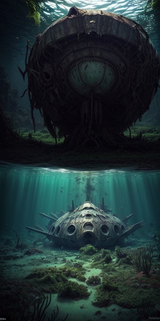 single shot of big mothership fallen on earth, half covered by algae, crashed, damaged, rusty, abandoned, deep underwater, ((best quality)), ((masterpiece)), ((beautiful landscape)), soft light, hdr, intricate, highly detailed, sharp focus, insane details, intricate details, low contrast, soft light