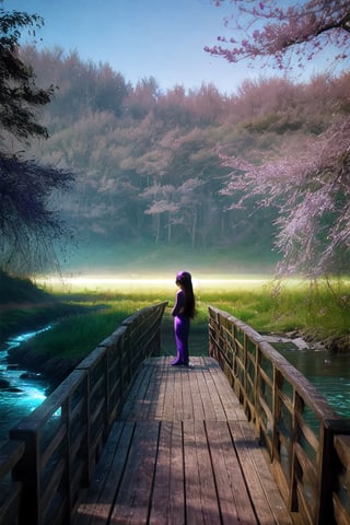 30 yo girl, light_purple_eyes,purple curly hair, long_ponytail, standing on a wood bridge,curved bridge, hyper realistic river, peach trees, realistic shadows,high contrast, ray of lights, muted colors