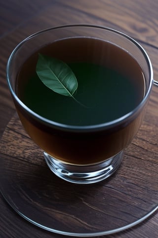 A round super realistic transparent glass::2:: highly realistic tea spoon inside glass:0.9,old carved pattern tea spoon,ultra realistic glass texture::realistic brown water::1:: dense steamed, small realistic brown tea leaves inside water:0.2, on a round wood table,KnollingCaseQuiron style