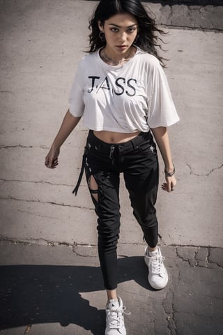 1girl, young white girl, hot top model, long blonde hair, wearing a white oversize t shirt (t shirt only white color) and Acronym J36-S black pants and Acronym P30A-DS and black and white sneakers, in city, instagram model, 80mm, (((top view))), urban techwear,midjourney