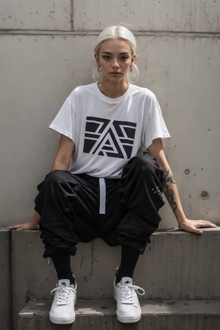 1girl, young pretty white girl, hot top model, long blonde hair, wearing a white oversize t shirt (t shirt only white color) and Acronym J36-S black pants and Acronym P30A-DS and black and white sneakers, piercings, in city, (((sitting near a wall))), (((looking down at the camera))), instagram model, 80mm,urban techwear,weapon