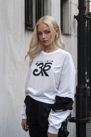 1girl, young white girl, hot top model, long blonde hair, wearing a white long oversize t shirt (t shirt only white color) and Acronym J36-S black pants and Acronym P30A-DS and black and white sneakers, in city, instagram model, 80mm,urban techwear,tattoo
