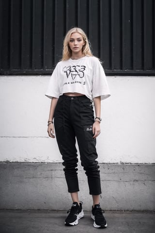 1girl, young white girl, hot top model, long blonde hair, wearing a white oversize t shirt (t shirt only white color) and Acronym J36-S black pants and Acronym P30A-DS and black and white sneakers, in city, instagram model, 80mm,urban techwear,midjourney