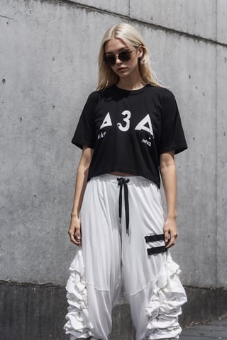 1girl, young white girl, hot top model, long blonde hair, wearing a white oversize t shirt (t shirt only white color) and Acronym J36-S black pants and Acronym P30A-DS and black and white sneakers, in city, instagram model, 80mm,urban techwear,ARYSTYLE3