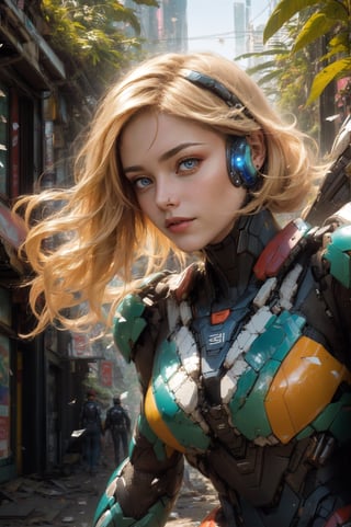 8k portrait of beautiful girl with blonde hair, wearing bodysuit, walking to the viewer, close-up photo, majestic, digital photography, ruled of third composition, art by artgerm and ruan jia and greg rutkowski surreal painting, broken glass, (masterpiece, sidelighting, finely detailed beautiful eyes: 1.2), hdr, (detailed background cyberpunk city in lush rainforest : 0.7),stationary_restraints,mecha musume,mecha,SRS, fullbody, 