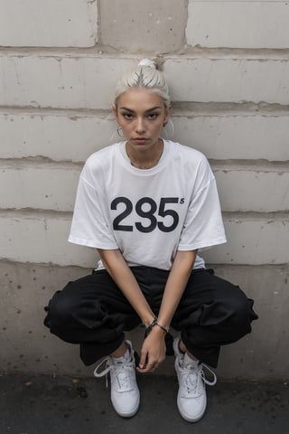1girl, young pretty white girl, hot top model, long blonde hair, wearing a white oversize t shirt (t shirt only white color) and Acronym J36-S black pants and Acronym P30A-DS and black and white sneakers, piercings, in city, (((sitting near a wall))), (((looking at the camera from above))), instagram model, 80mm,urban techwear,weapon