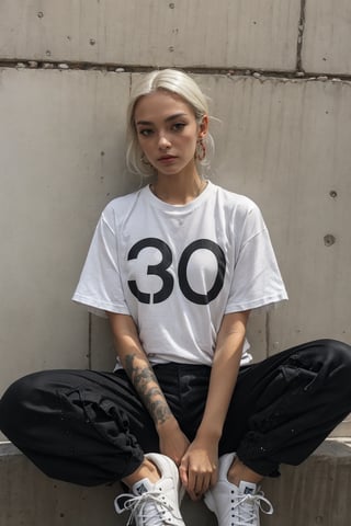 1girl, young pretty white girl, hot top model, long blonde hair, wearing a white oversize t shirt (t shirt only white color) and Acronym J36-S black pants and Acronym P30A-DS and black and white sneakers, piercings, in city, (((sitting near a wall))), (((looking down at the camera))), (((top view))), instagram model, 80mm,urban techwear,weapon