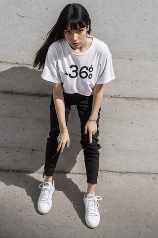 1girl, young white girl, hot top model, long blonde hair, wearing a white oversize t shirt (t shirt only white color) and Acronym J36-S black pants and Acronym P30A-DS and black and white sneakers, in city, instagram model, 80mm, (((top view))), urban techwear