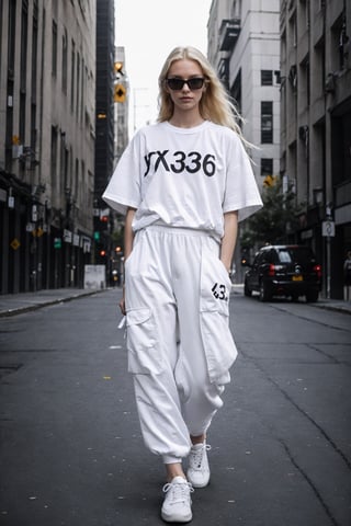 1girl, young white girl, hot top model, long blonde hair, wearing a white long oversize t shirt (t shirt only white color) and Acronym J36-S black pants and Acronym P30A-DS and black and white sneakers, in city, instagram model, 80mm,urban techwear,blurry_light_background