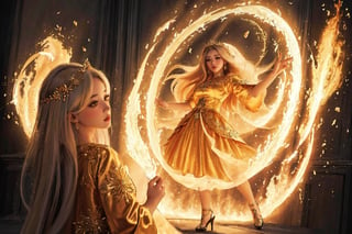 ((masterpiece, best quality, highres:1.2)),Imagen de una mujer con un vestido blanco con un cabello suelto, con ardientes alas doradas de llamas, con ardientes alas doradas, Arte digital Arte Fantasía Arte, Diosa del Fuego, Arte de fantasía hiperrealista,