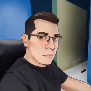 caricature of a young man sitting at a desk with a computer, with brown eyes, with semi-rimmed glasses, NFT Portrait, Avatar Image, Portrait of Jerma985, Twitch Streamer / Gamer Ludwig, Varguyart Style, Jerma 9 8 5, jerma985, 3 D render of Jerma 9 8 5, 2D Portrait, msxotto, High Quality Portrait, Brown Eyes