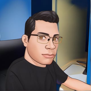 caricature of a young man sitting at a desk with a computer, with brown eyes, with semi-rimmed glasses, NFT Portrait, Avatar Image, Portrait of Jerma985, Twitch Streamer / Gamer Ludwig, Varguyart Style, Jerma 9 8 5, jerma985, 3 D render of Jerma 9 8 5, 2D Portrait, msxotto, High Quality Portrait, Brown Eyes