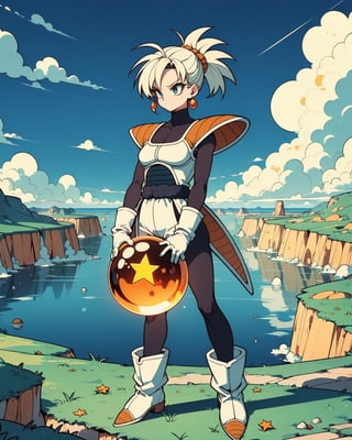 1 girl, holding a star dragonball,
raise arm,
battle armor,
blue bodysuit,
white gloves,
white boots,
orange pauldrons,
spiked hair,
earrings,
cloud,
sky,
hill,
lake,
grass,
plateau, 2D, colorfull, 
