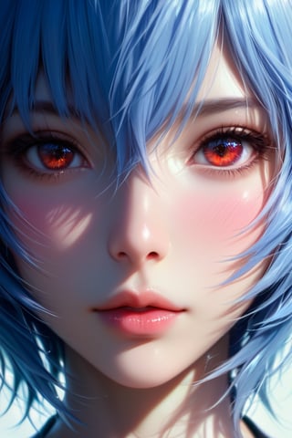 Close-up details, realistic style photo soft lighting, dimension,  details, score_9, score_8_up, score_7_up, ayanami_rei, blue hair, red eyes,  face