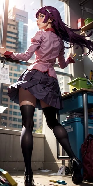 realistic, sh1, senjougahara hitagi, long hair, long sleeves, necktie, school uniform, pleated skirt, juliet sleeves, black thighhighs, pink shirt, school shoes, tall girl, school:.1, droping scissors, droping stapler falling, Pencil, droping Pen, back to viewer, standing, 